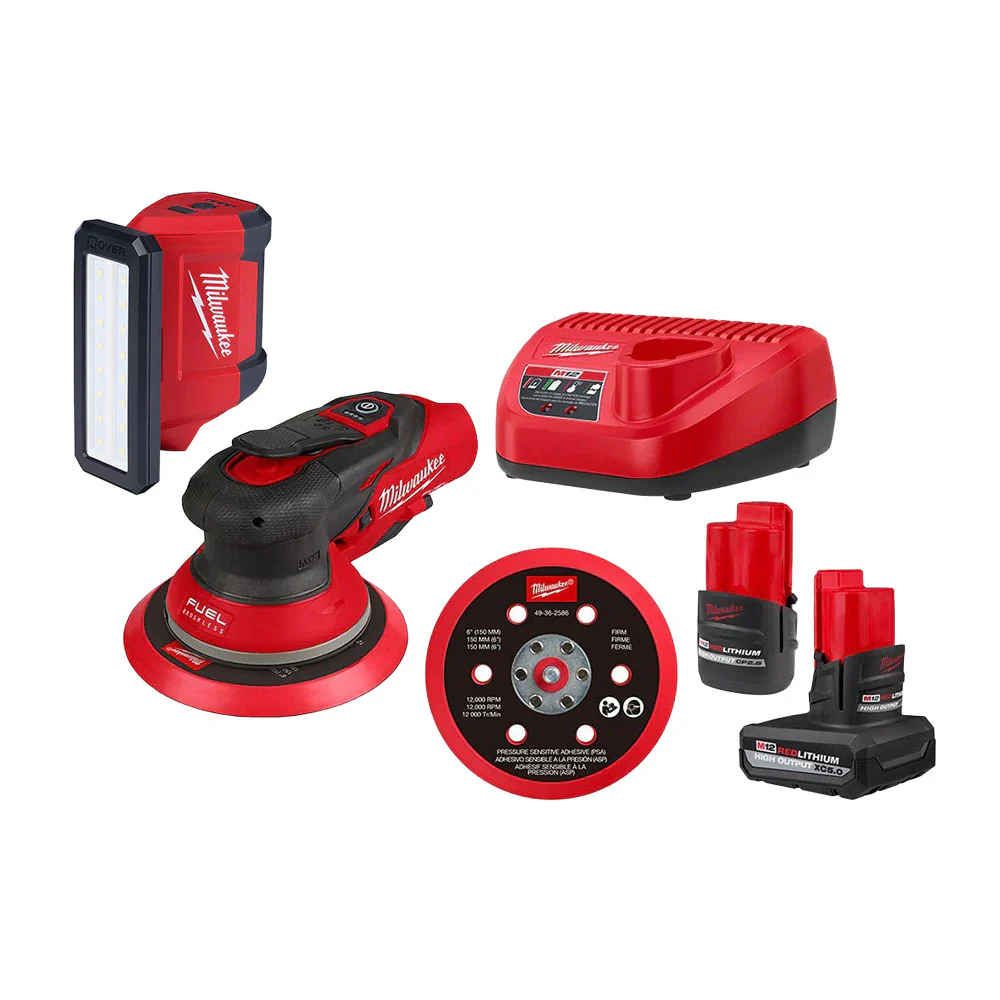 Milwaukee 2585-22CX M12 FUEL 6″ Random Orbital Sander (3/16″) with ROVER 700-Lumen Flood Light 2.5Ah / 5.0Ah Combo Kit