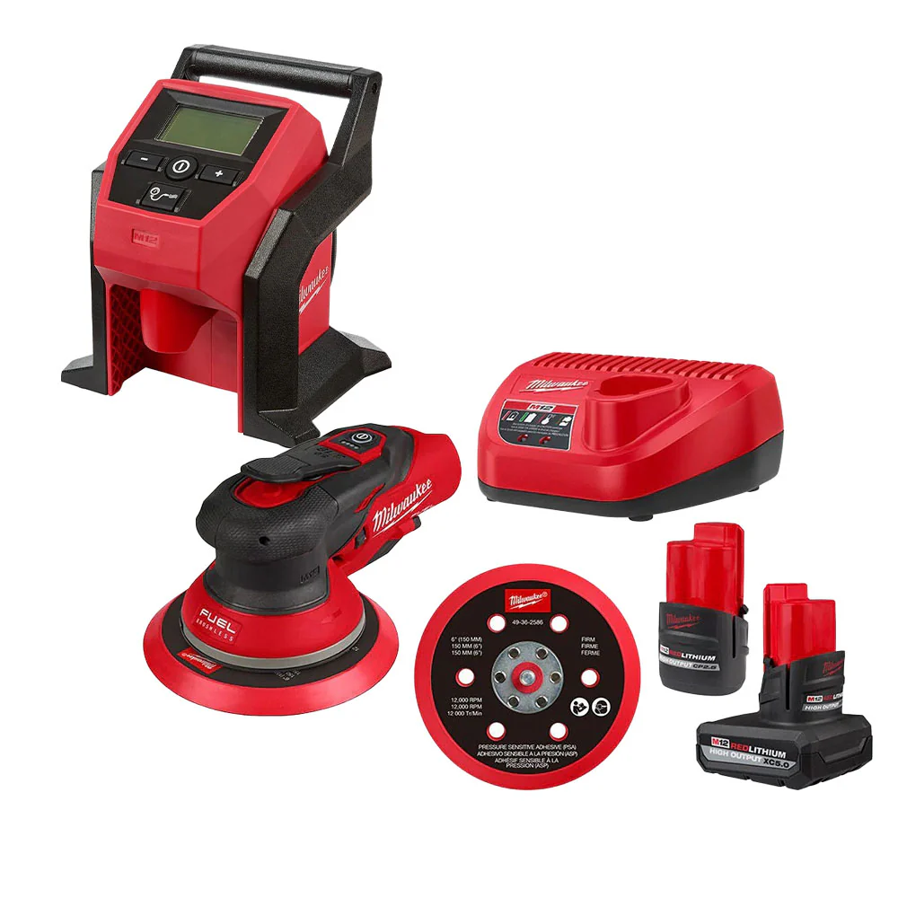 Milwaukee 2585-22CX M12 FUEL 6″ Random Orbital Sander (3/16″) with Compact Tire Inflator 2.5Ah / 5.0Ah Combo Kit