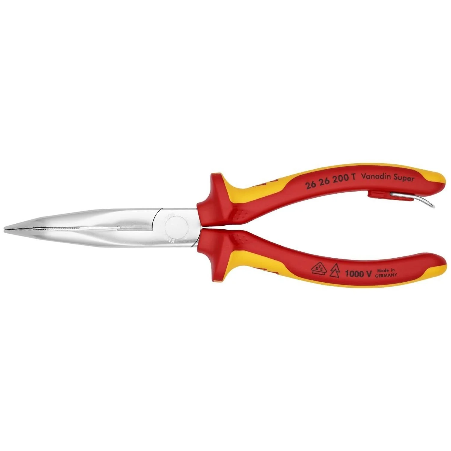 Knipex 26 26 200 T Long Nose 40&deg; Angled Pliers with Cutter-1000V Insulated-Tethered Attachment - Image 1