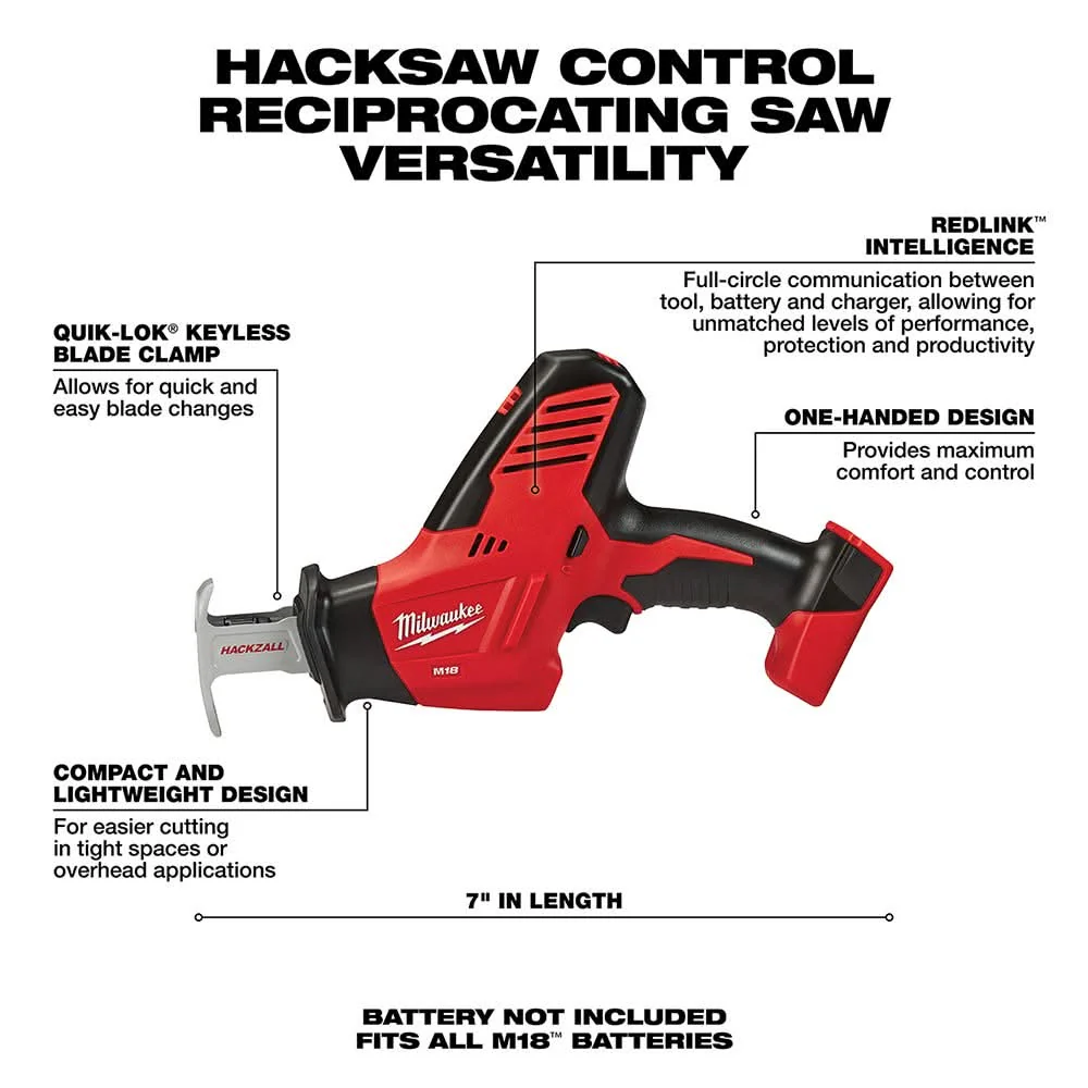 Milwaukee 2625-20 M18 18 Volt Hackzall Cordless One Handed Reciprocating Sawzall, Tool Only - Image 2