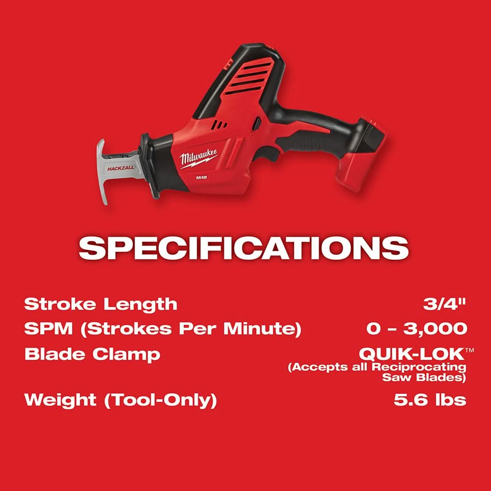 Milwaukee 2625-20 M18 18 Volt Hackzall Cordless One Handed Reciprocating Sawzall, Tool Only - Image 3