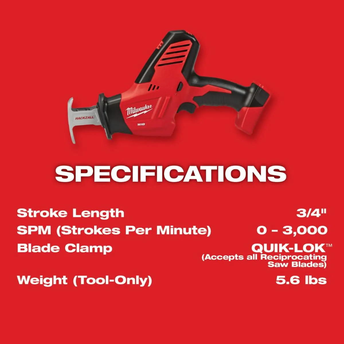 Milwaukee 2625-20 M18 Hackzall One-Handed Reciprocating Sawzall with 12-Piece Blade Assortment, Tool Only - Image 2