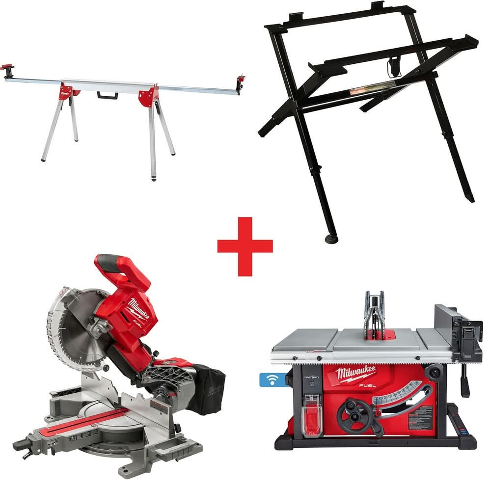 M18 FUEL ONE-KEY 18-Volt Lithium-Ion Brushless Cordless 8-1/4 in. Table Saw with Stand and 10 in. Miter Saw with Stand - Image 1