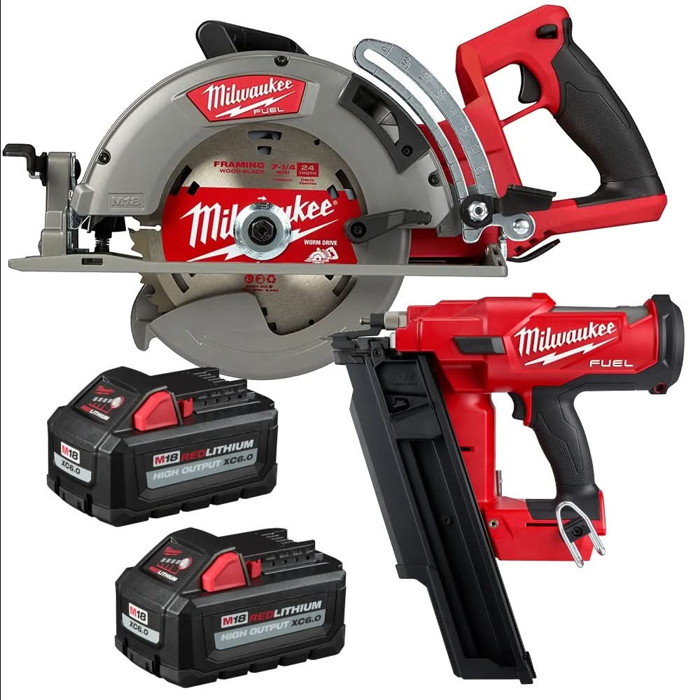 Milwaukee M18 FUEL 21-Degree Framing Nailer with M18 FUEL 7-1/4" Circular Saw and M18 REDLITHIUM HIGH OUTPUT XC 6.0Ah Battery 2-Pack - Image 1