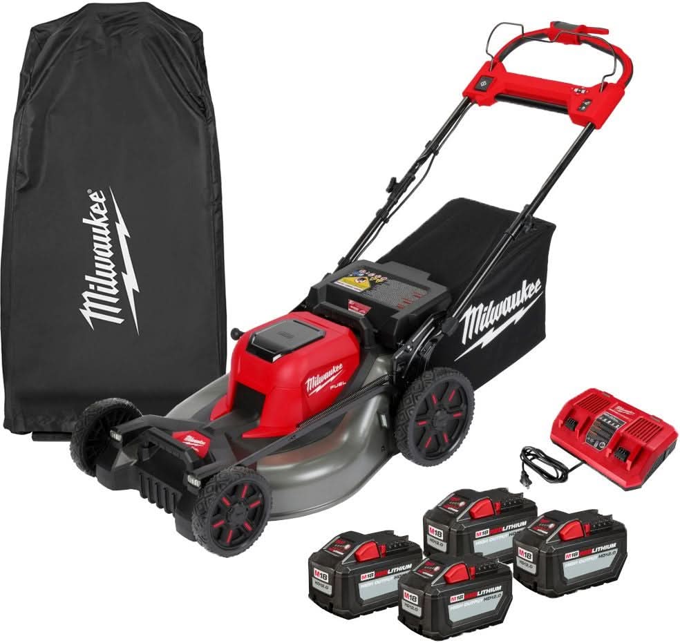 Milwaukee 2823-22HD M18 FUEL 21″ Self-Propelled Dual Battery Mower with Cover + 2 M18 REDLITHIUM HIGH OUTPUT HD12.0 Battery Packs