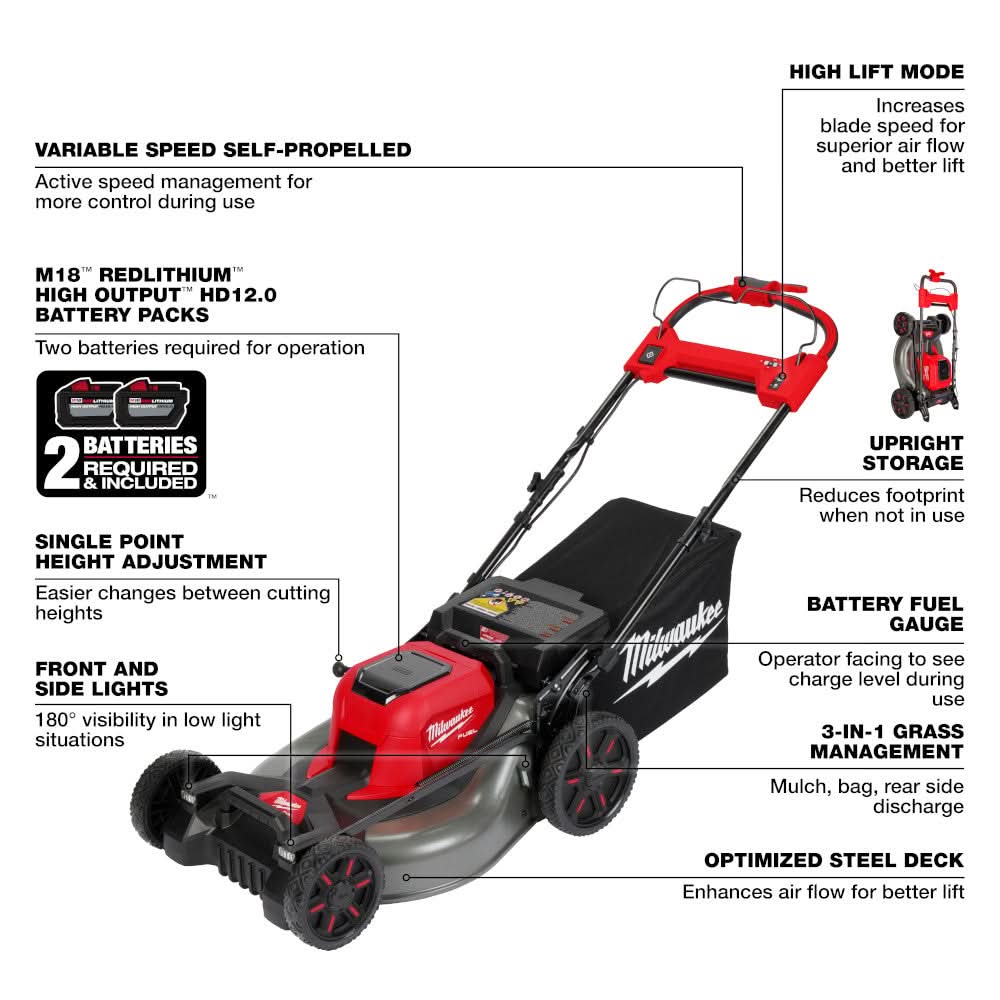Milwaukee 2823-22HD M18 FUEL 21" Self-Propelled Dual Battery Mower with Cover + 2 M18 REDLITHIUM HIGH OUTPUT HD12.0 Battery Packs - Image 3
