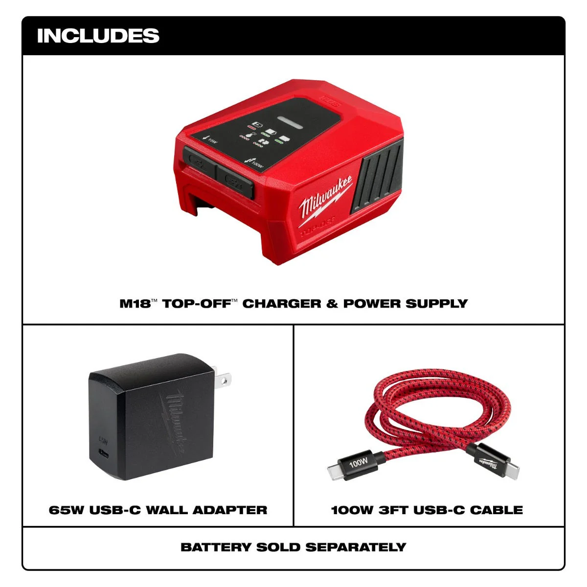 Milwaukee 2847-20 M18 TOP OFF Charger and Power Supply with USB-C Ports, Tool Only - Image 2