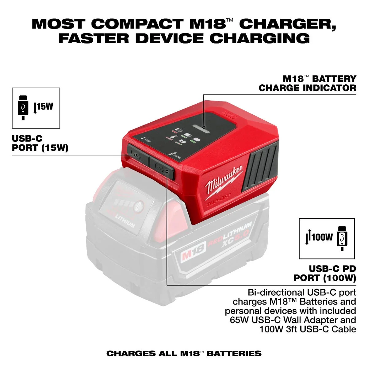 Milwaukee 2847-20 M18 TOP OFF Charger and Power Supply with USB-C Ports, Tool Only - Image 3