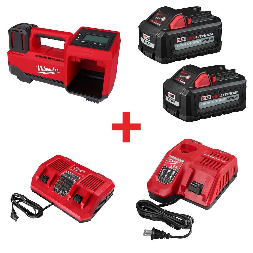 Milwaukee M18 Compact Tire Inflator with XC 6.0Ah Battery 2-Pack and M18 Dual Bay Simultaneous Rapid Charger and M18 & M12 Rapid Charger - Image 1
