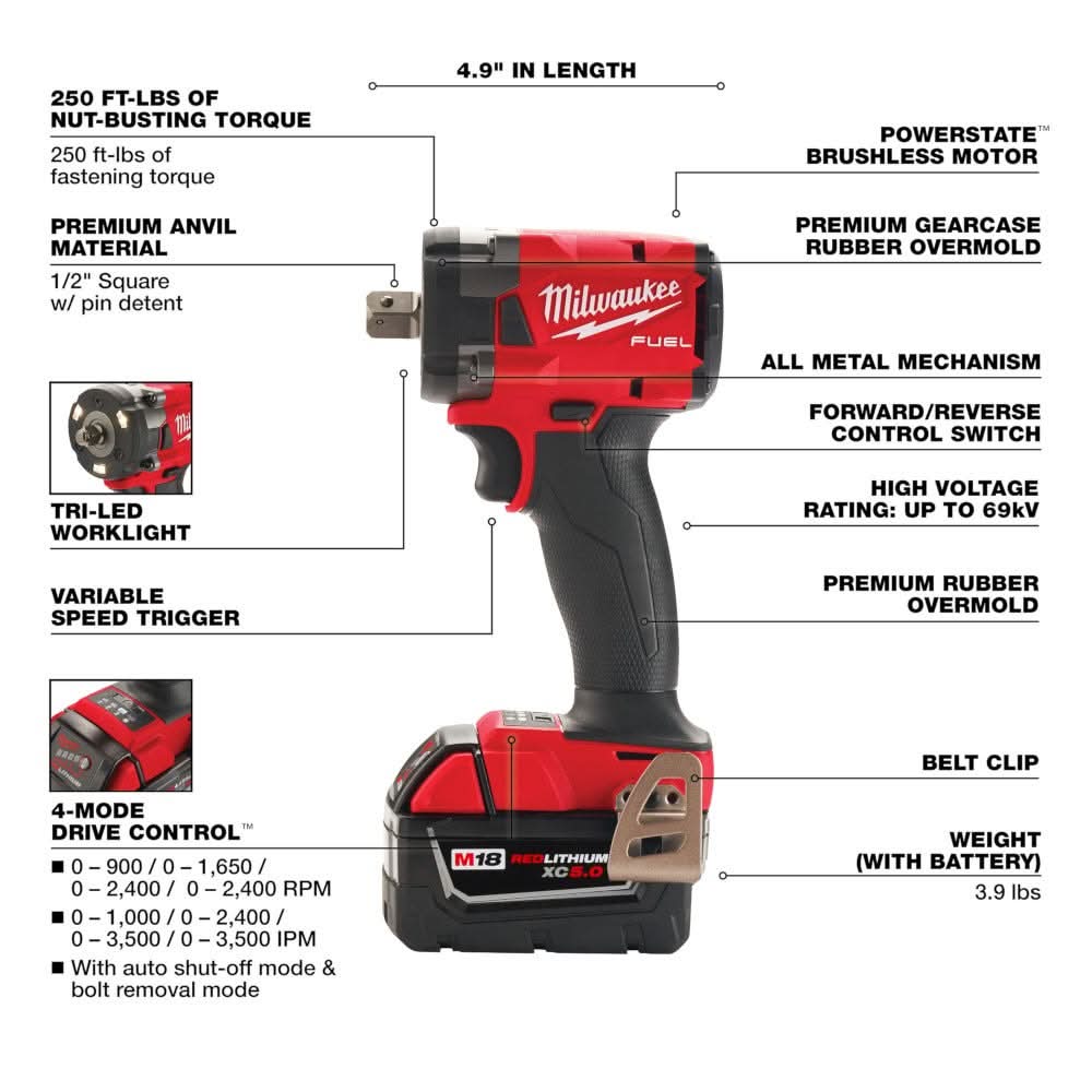 Milwaukee 2855P-22R M18 FUEL 1/2 " Compact Impact Wrench w/ Pin Detent Kit - Image 3