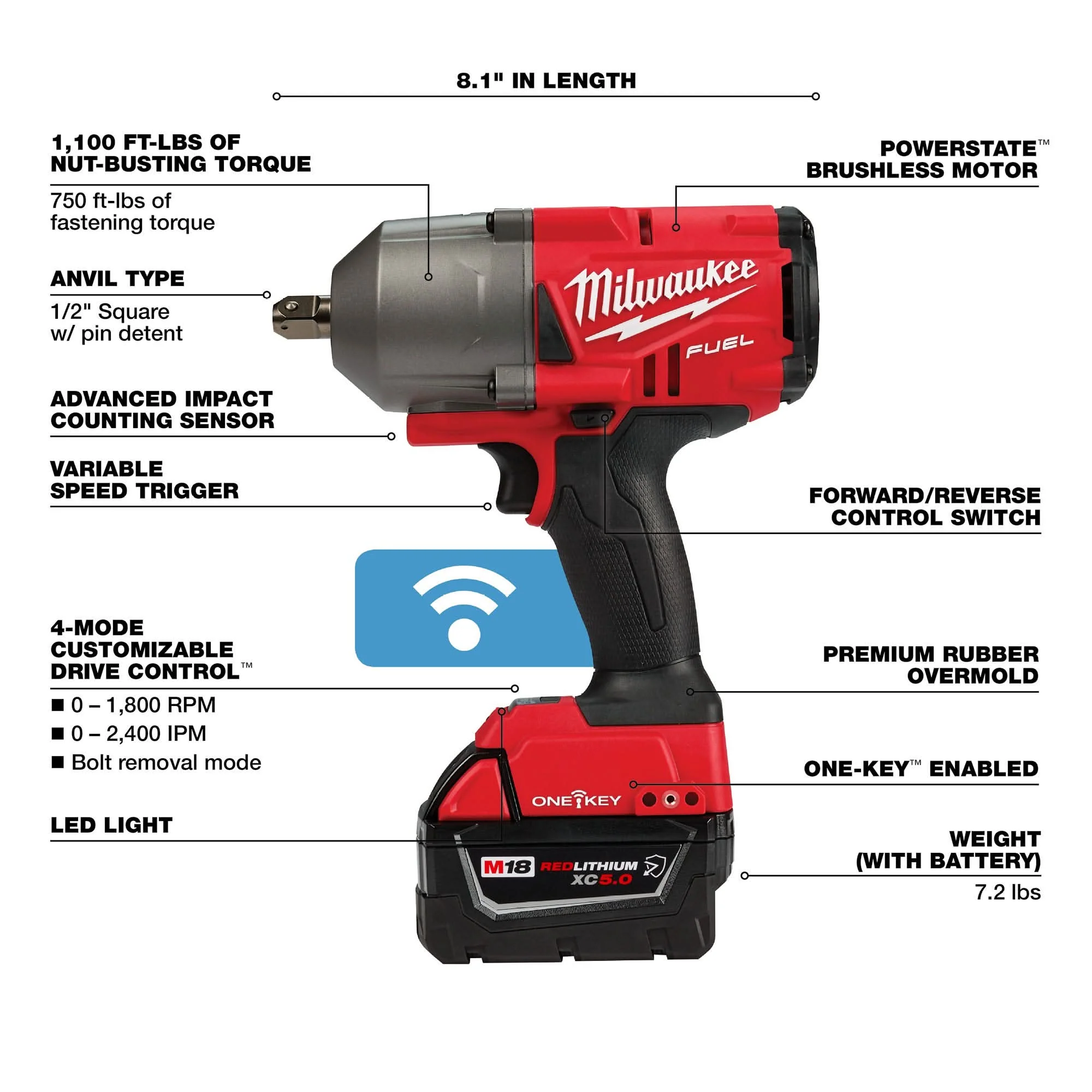 Milwaukee 2862-22R M18 FUEL w/ ONE-KEY High Torque Impact Wrench 1/2" Pin Detent Kit - Image 3