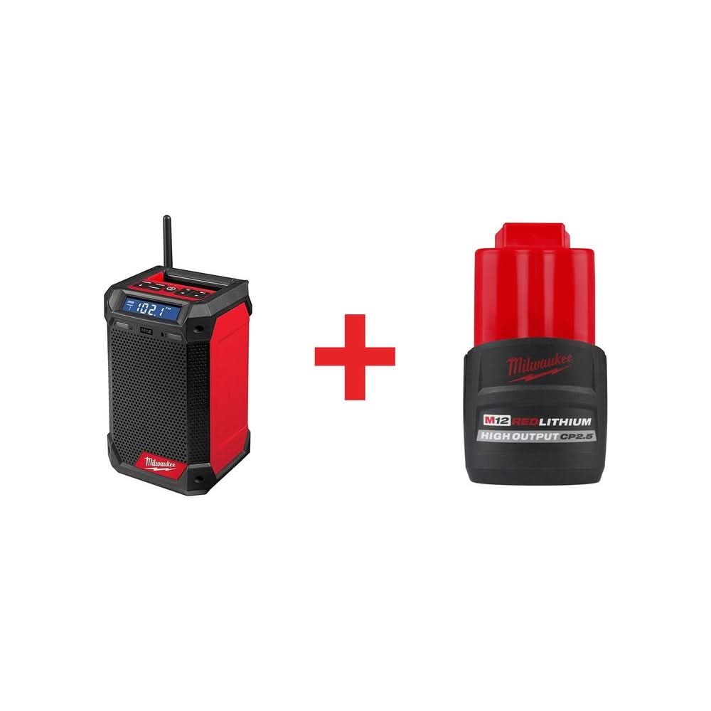 Milwaukee M12 Bluetooth Radio & Battery Charger with M12 REDLITHIUM HIGH OUTPUT CP 2.5Ah Battery Pack - Image 1