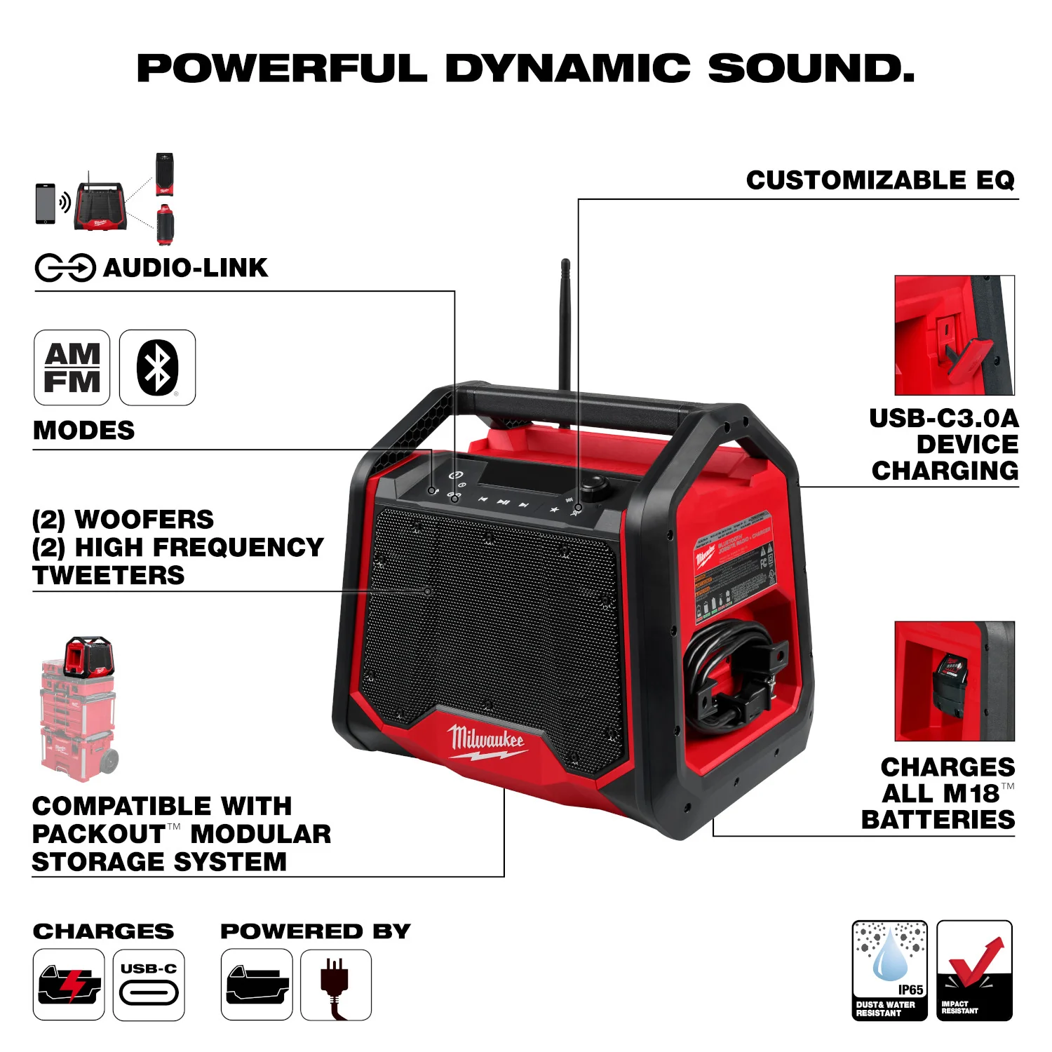 Milwaukee 2956-20 M18 Bluetooth PACKOUT Radio + Charger, Tool Only - Image 2