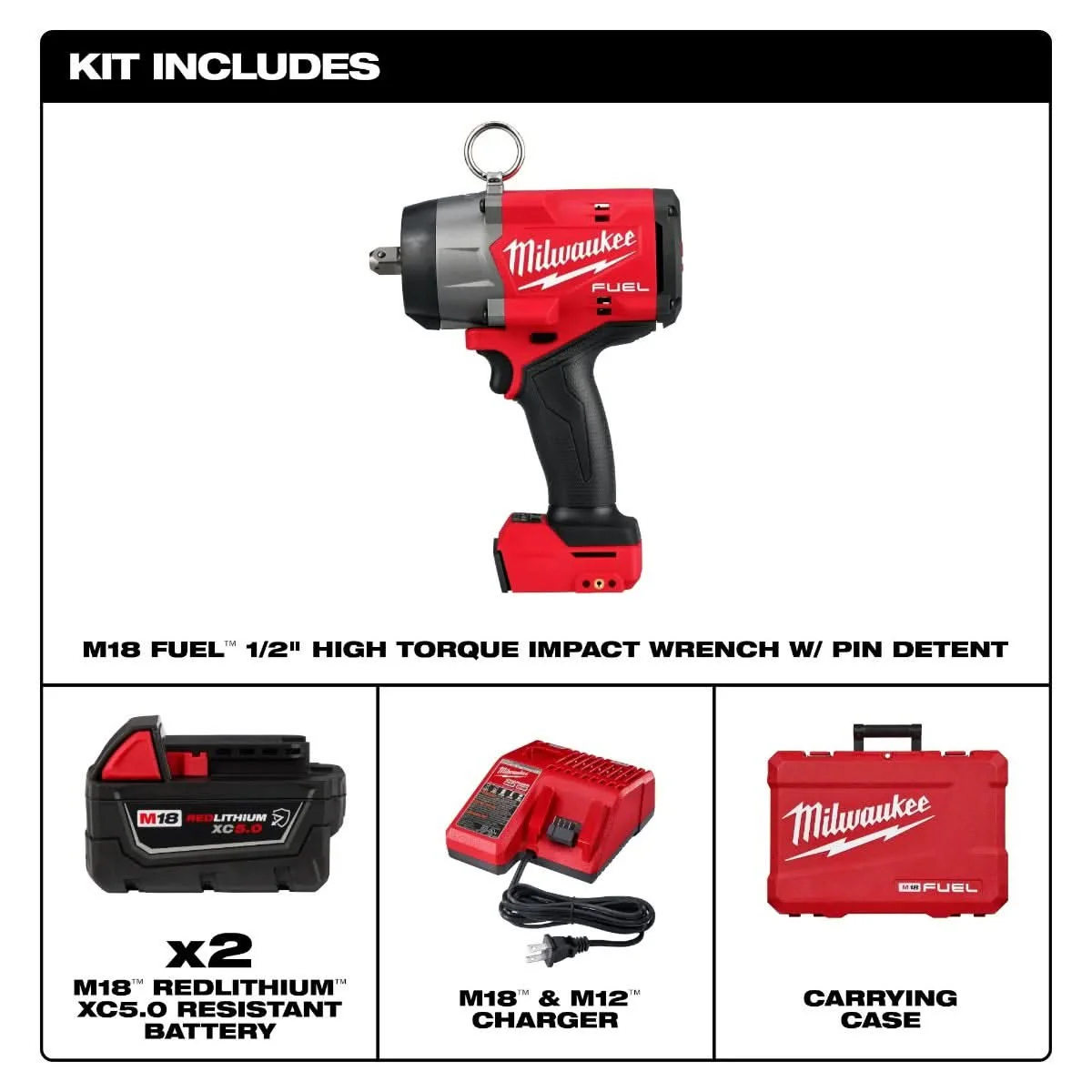 Milwaukee 2966-22 M18 FUEL 1/2" High Torque Impact Wrench w/ Pin Detent 5.0Ah Kit - Image 2