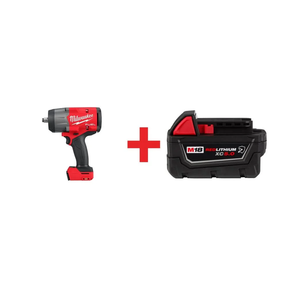 Milwaukee M18 FUEL 1/2" High Torque Impact Wrench w/ Friction Ring plus M18 REDLUTHIUM XC 5.0Ah Battery - Image 1
