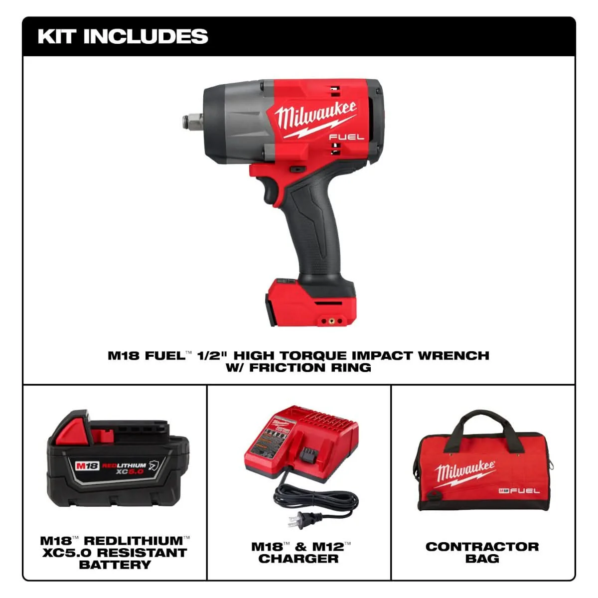 Milwaukee 2967-21B M18 FUEL 1/2" High Torque Impact Wrench w/ Friction Ring 5.0Ah Kit - Image 2
