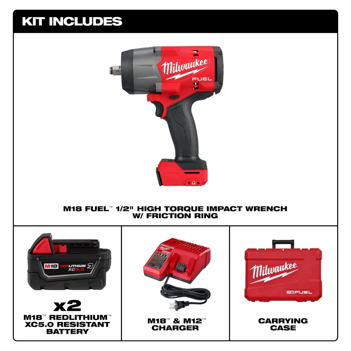 Milwaukee 2967-22 M18 FUEL 1/2" High Torque Impact wrench w/ Friction Ring 5.0Ah Kit - Image 2