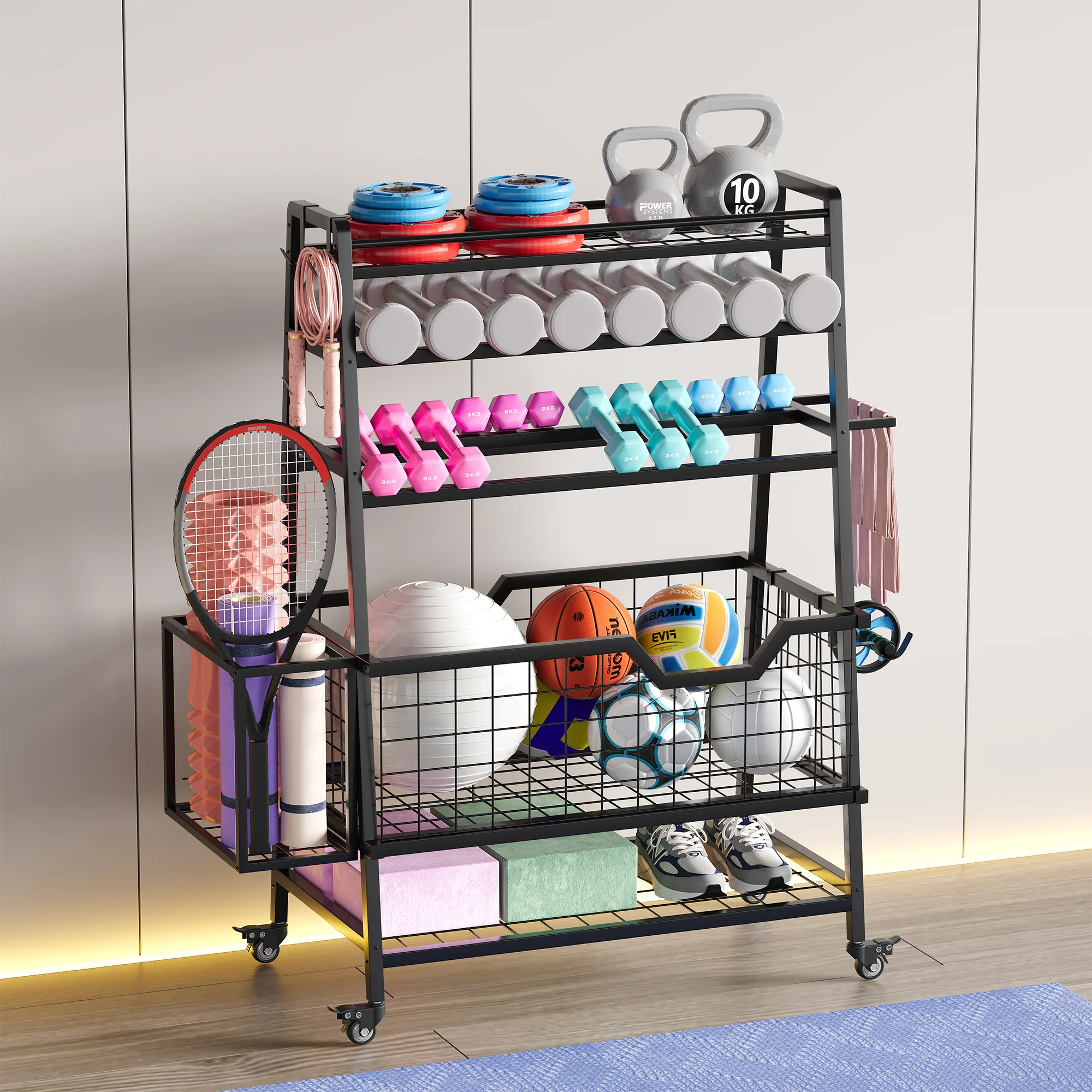 Advwin Dual-Sided Dumbbell Rack w/ Hooks & Wheels