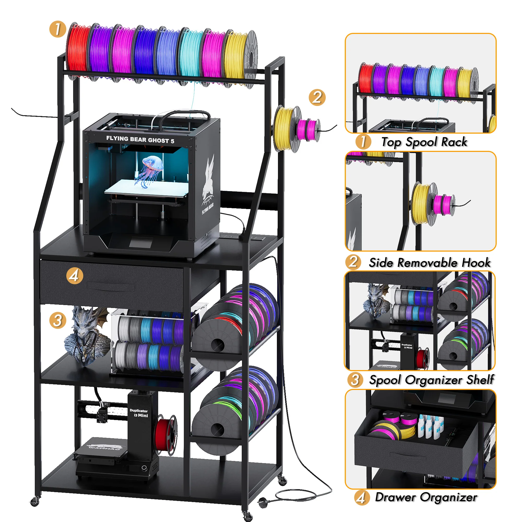 Advwin 4-Tier 3D Printer Stand w/ Drawer & Outlet - Image 3