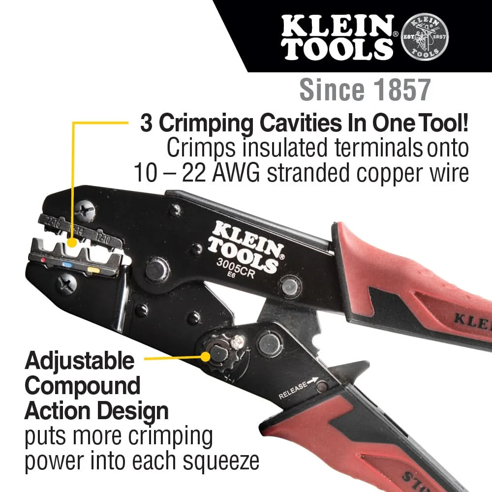 Klein 3005CR Ratcheting Crimper, 10-22 AWG - Insulated Terminals - Image 2