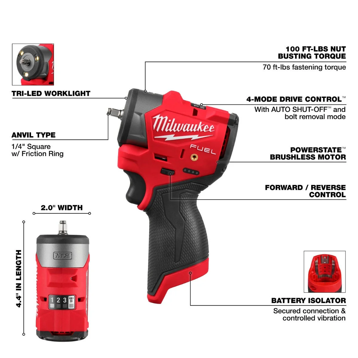 Milwaukee 3048-20 M12 FUEL 1/4" Subcompact Impact Wrench w/ Friction Ring, Tool Only - Image 3
