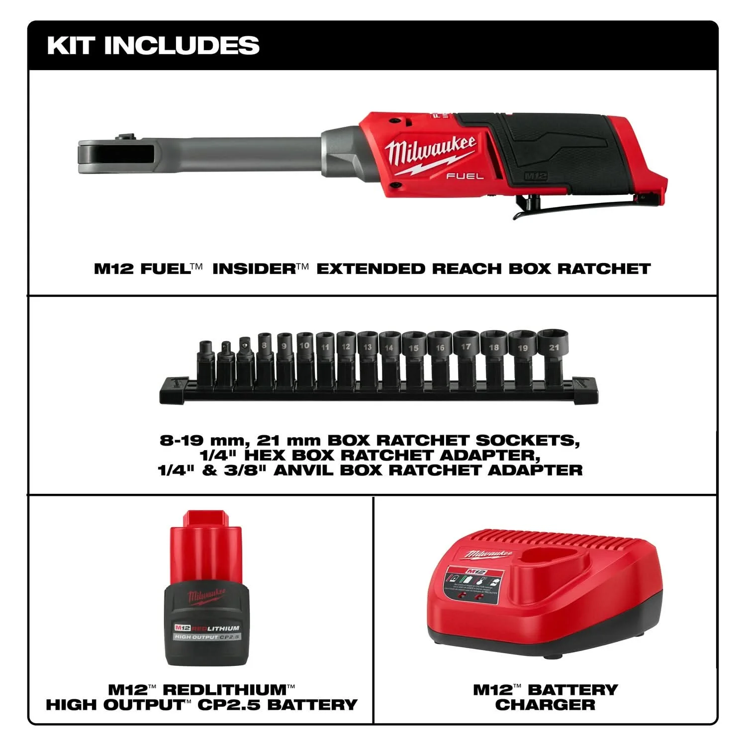 Milwaukee 3050-21 M12 FUEL INSIDER Extended Reach Box Ratchet 2.5Ah + 5.0Ah Kit - Image 3