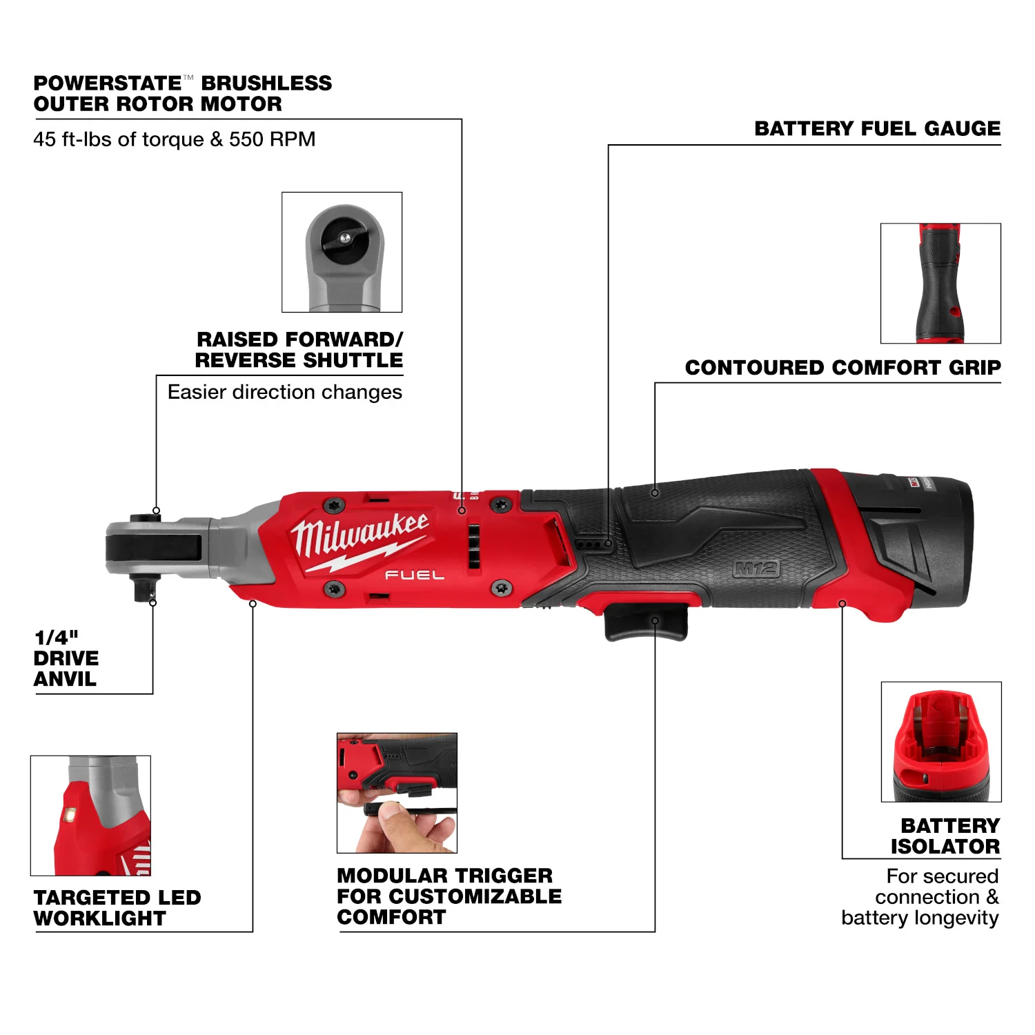 Milwaukee 3052-21 M12 FUEL Brushless 1/4-in. Ratchet 2.5Ah Kit - Image 3