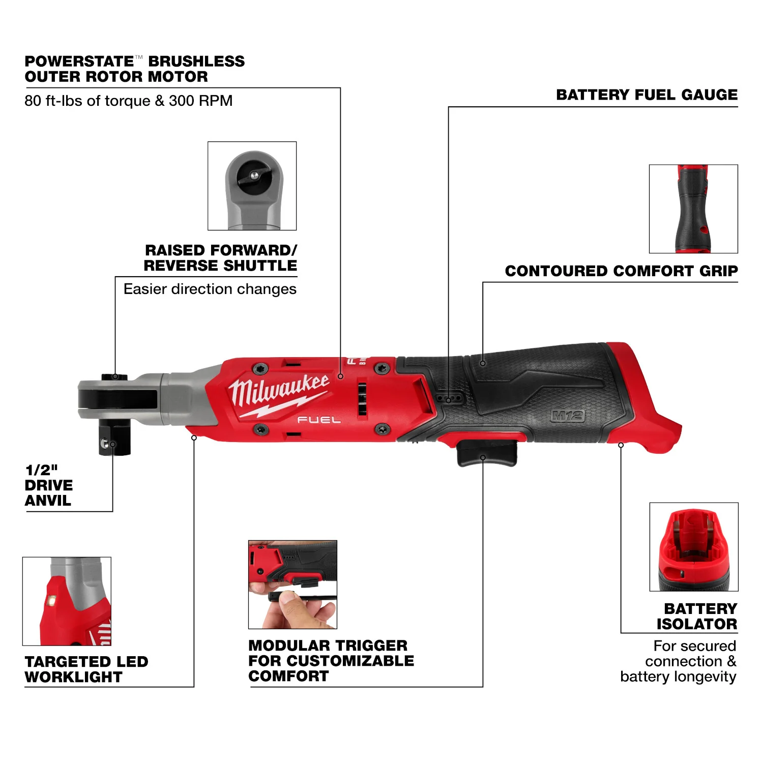 Milwaukee 3054-20 M12 FUEL Brushless 1/2-in. Ratchet, Tool Only - Image 3