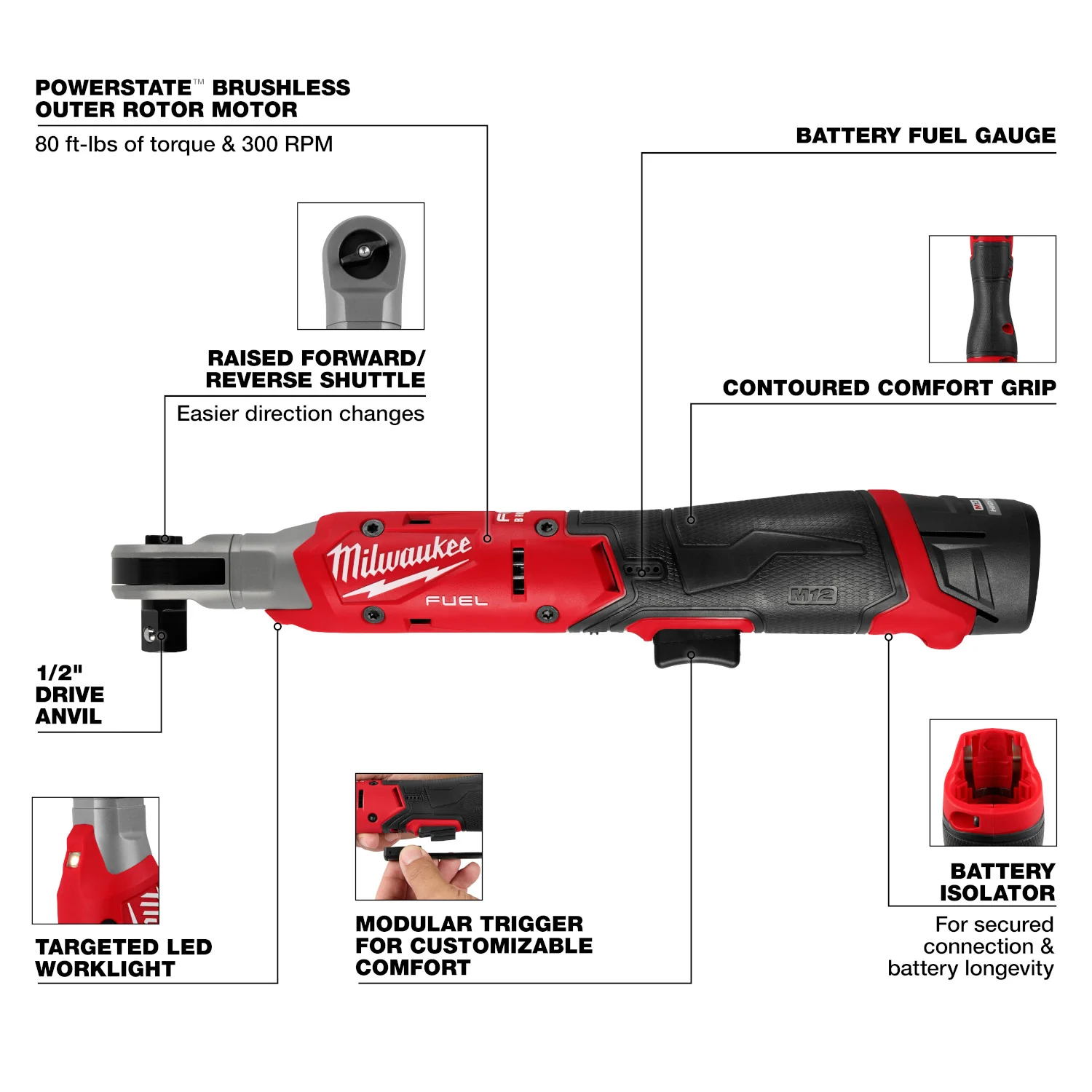 Milwaukee 3054-21 M12 FUEL Brushless 1/2-in. Ratchet 2.5Ah Kit - Image 3