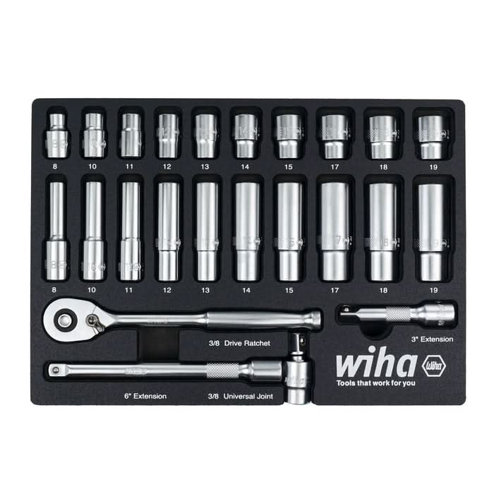 Wiha 33795 24-Piece 3/8 in. Drive Professional Standard And Deep Socket Tray Set, Metric - Image 1
