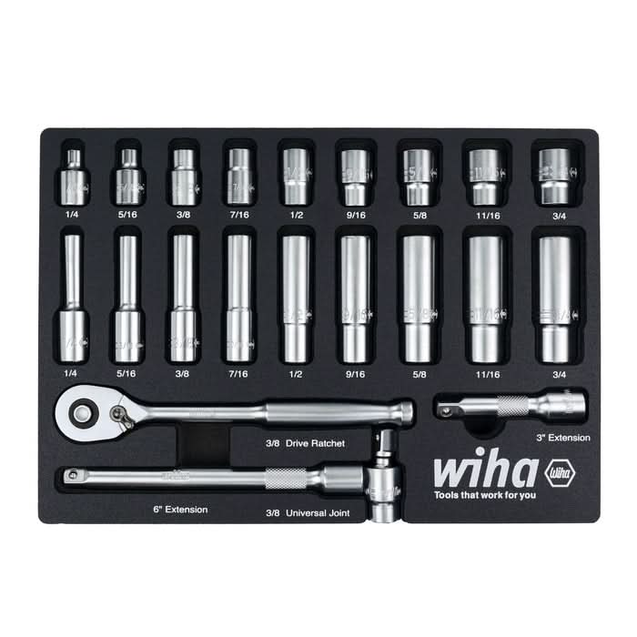 Wiha 33796 22-Piece 3/8 in. Drive Professional Standard And Deep Socket Tray Set, SAE - Image 1
