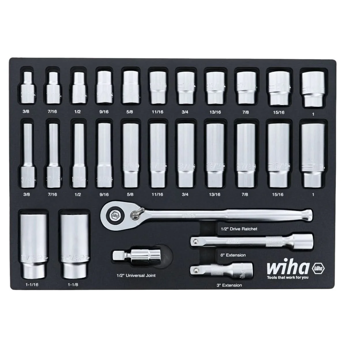 Wiha 33896 28-Piece 1/2" Drive SAE Professionial Standard & Deep Socket Set - Image 1