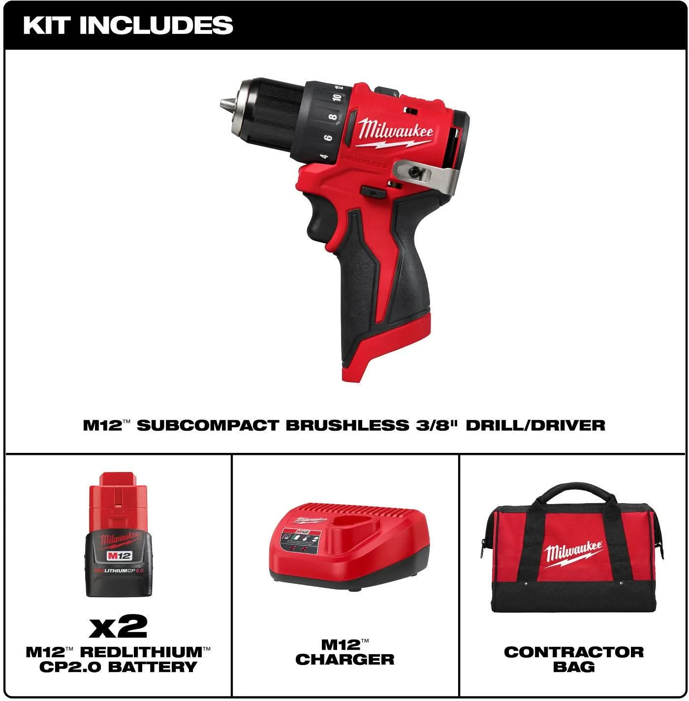 Milwaukee 3401-22 M12 Subcompact Brushless 3/8" Drill/Driver 2.0Ah Kit - Image 3