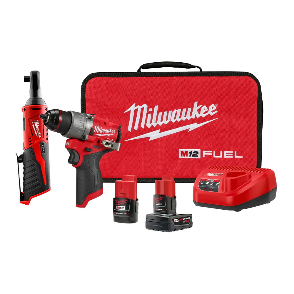 Milwaukee 3404-22 M12 FUEL 1/2-in. Hammer Drill/Driver with 3/8″ Ratchet 2.0Ah / 4.0Ah Combo Kit