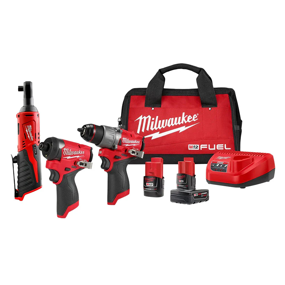 Milwaukee 3497-22 M12 FUEL 1/2-in. Drill Driver and 1/4-in. Hex Impact Driver with 3/8″ Ratchet 2.0Ah / 4.0Ah Combo Kit