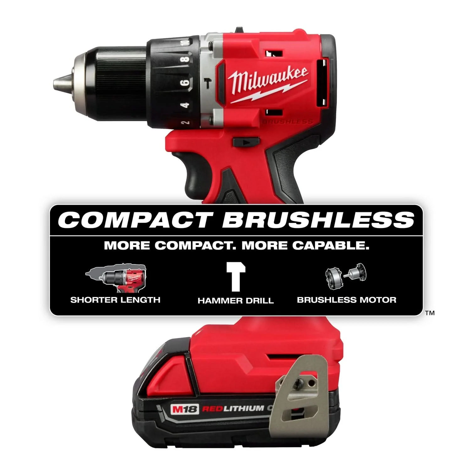 Milwaukee 3602-22CT M18 Compact Brushless 1/2" Hammer Drill Kit - Image 2