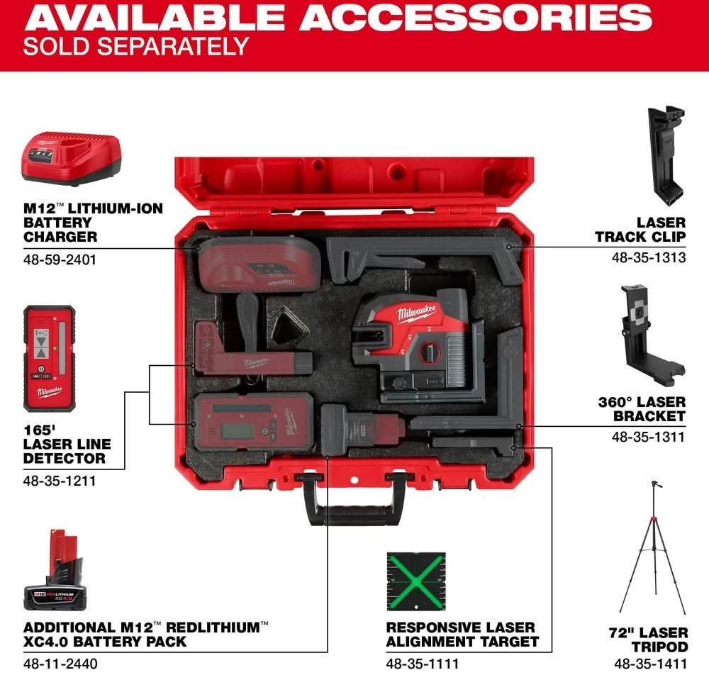 Milwaukee 3624-20 M12 Green Cross Line & 4-Points Laser - Image 2