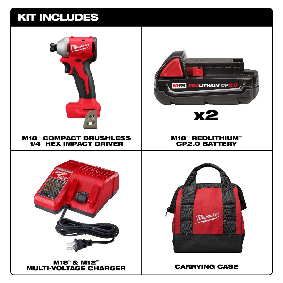 Milwaukee PROMO 3650-22CT M18 Compact Brushless 1/4" Hex Impact Driver Kit with 2 Batteries (PROMO) - Image 2