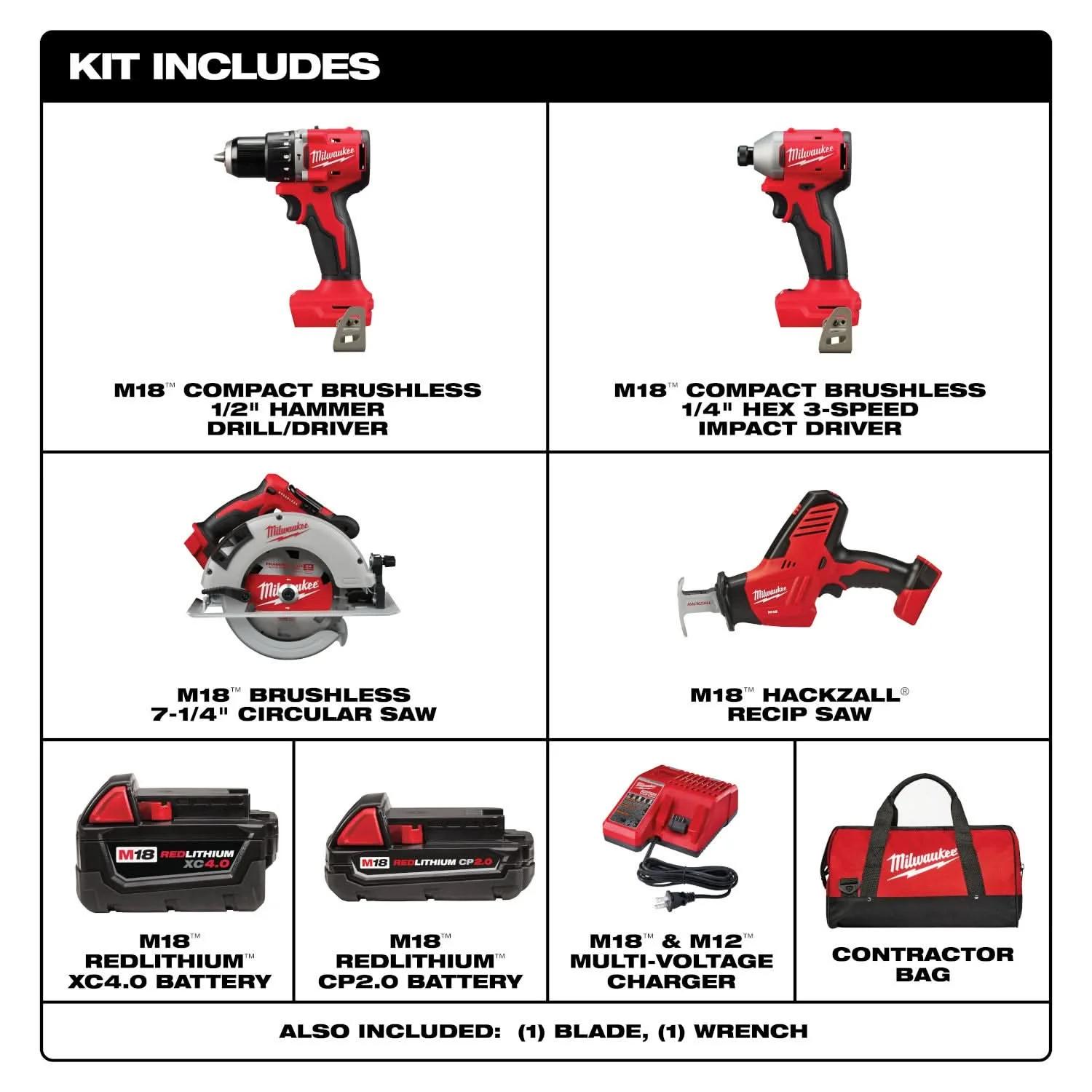 Milwaukee 3693-24CX M18 4 Tool Combo Kit - Image 2