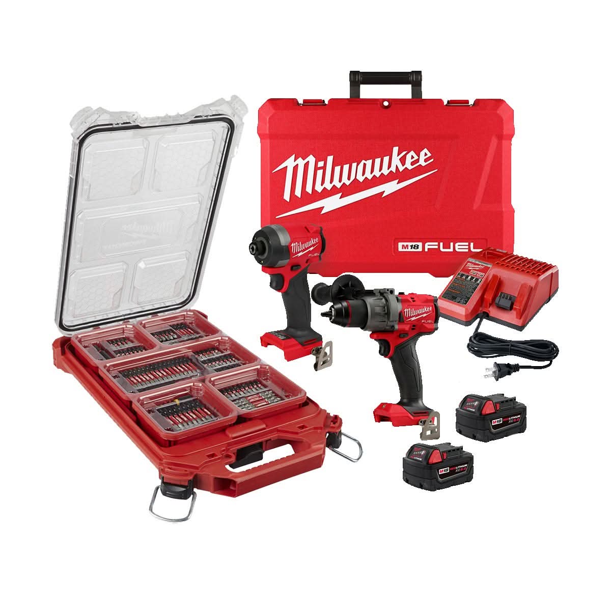 Milwaukee 3697-22 M18 FUEL Gen4 1/2-in. Hammer Drill and 1/4-in. Hex Impact Driver Combo Kit with PACKOUT Organizer + SHOCKWAVE 100-Piece Impact Bit Set - Image 1