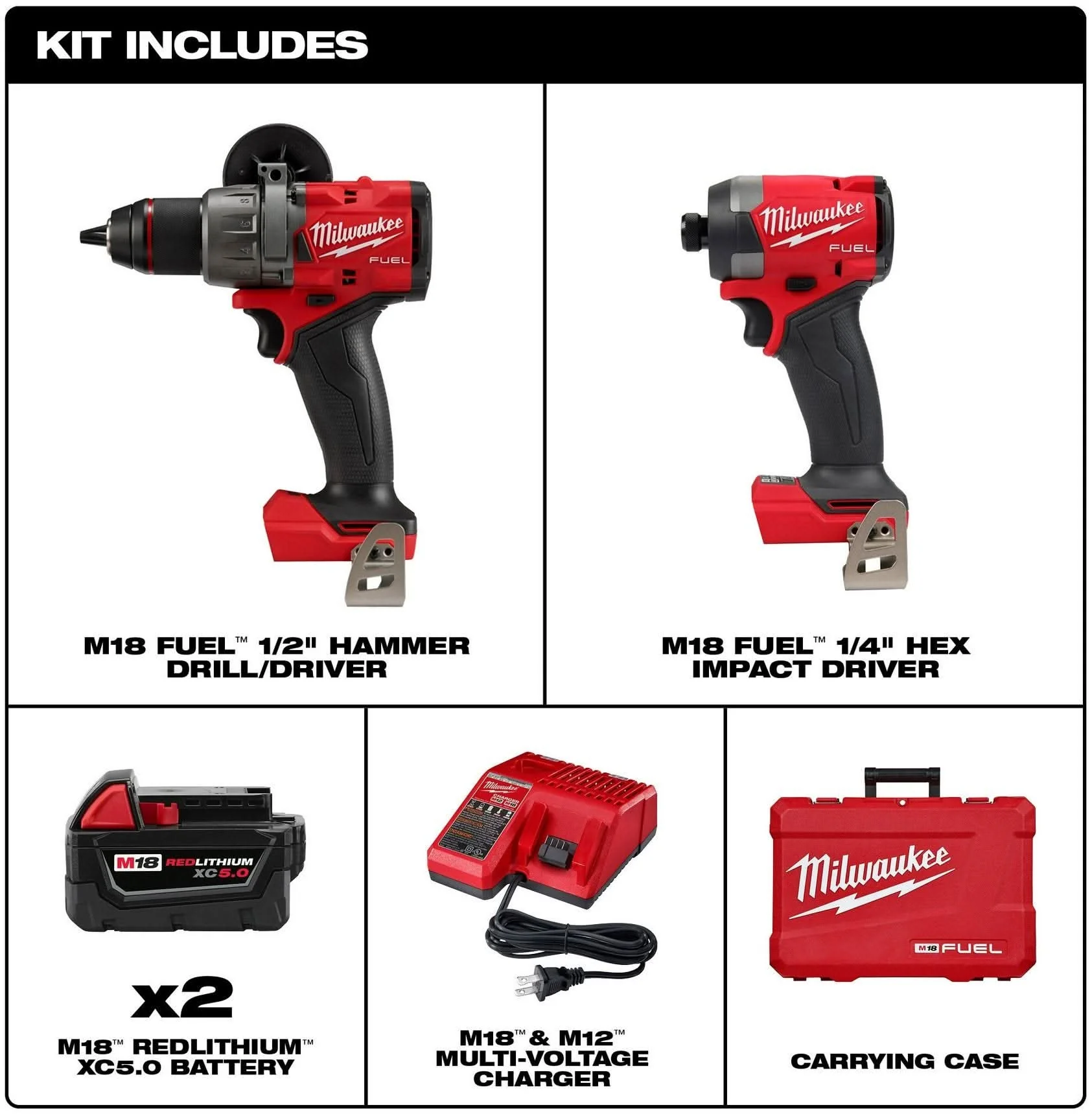 Milwaukee 3697-22 M18 FUEL 1/2-in. Hammer Drill and 1/4-in. Hex Impact Driver Combo Kit - Image 2