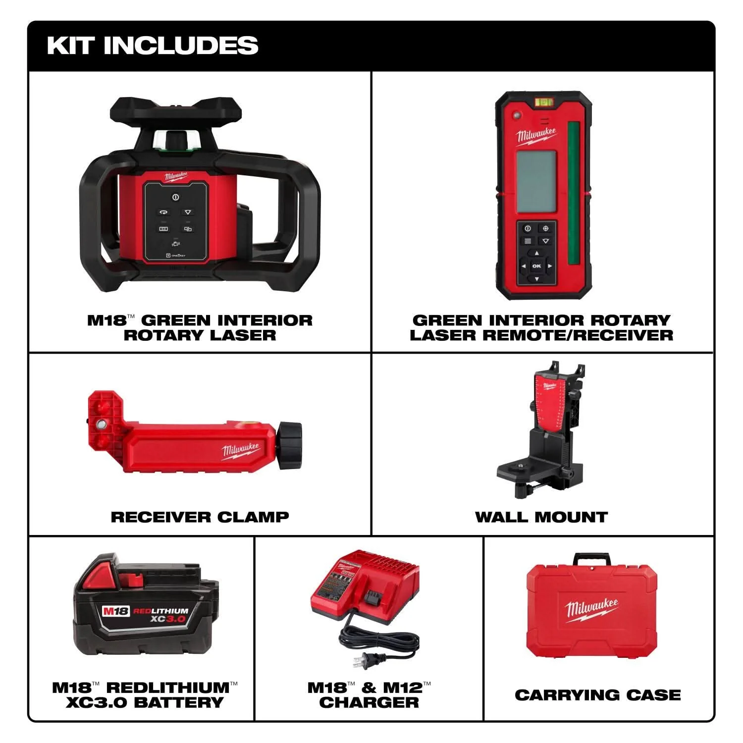Milwaukee 3702-21 M18 Green Interior Rotary Laser Level Kit w/ Remote/Receiver & Wall Mount Bracket - Image 2