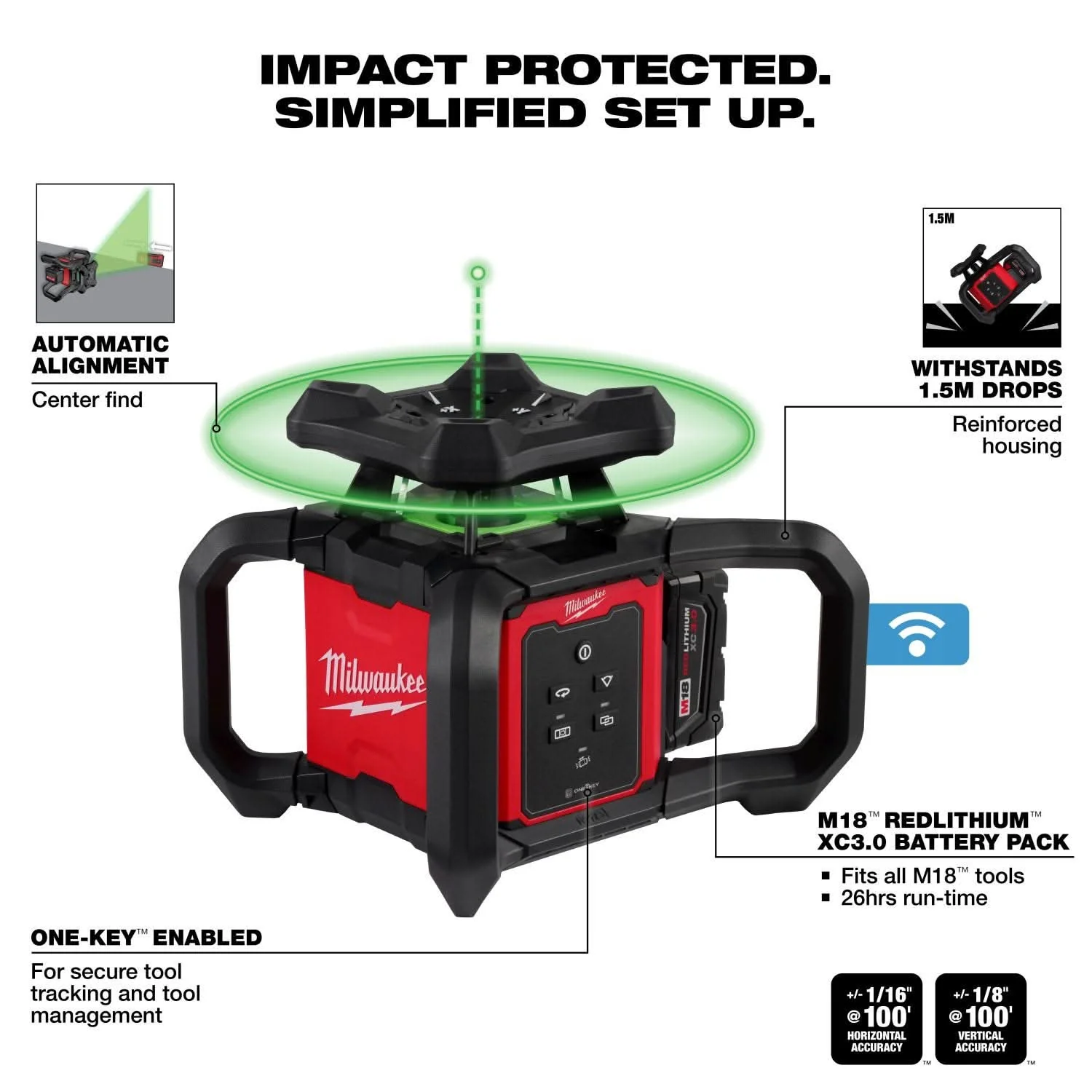 Milwaukee 3702-21 M18 Green Interior Rotary Laser Level Kit w/ Remote/Receiver & Wall Mount Bracket - Image 3