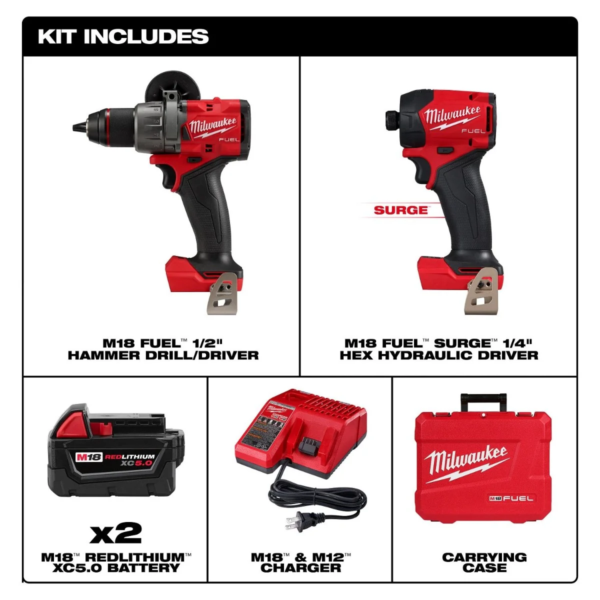 Milwaukee 3799-22 M18 FUEL Hammer Drill + Hydraulic Impact Driver 2-Tool Combo 5.0Ah Kit - Image 2