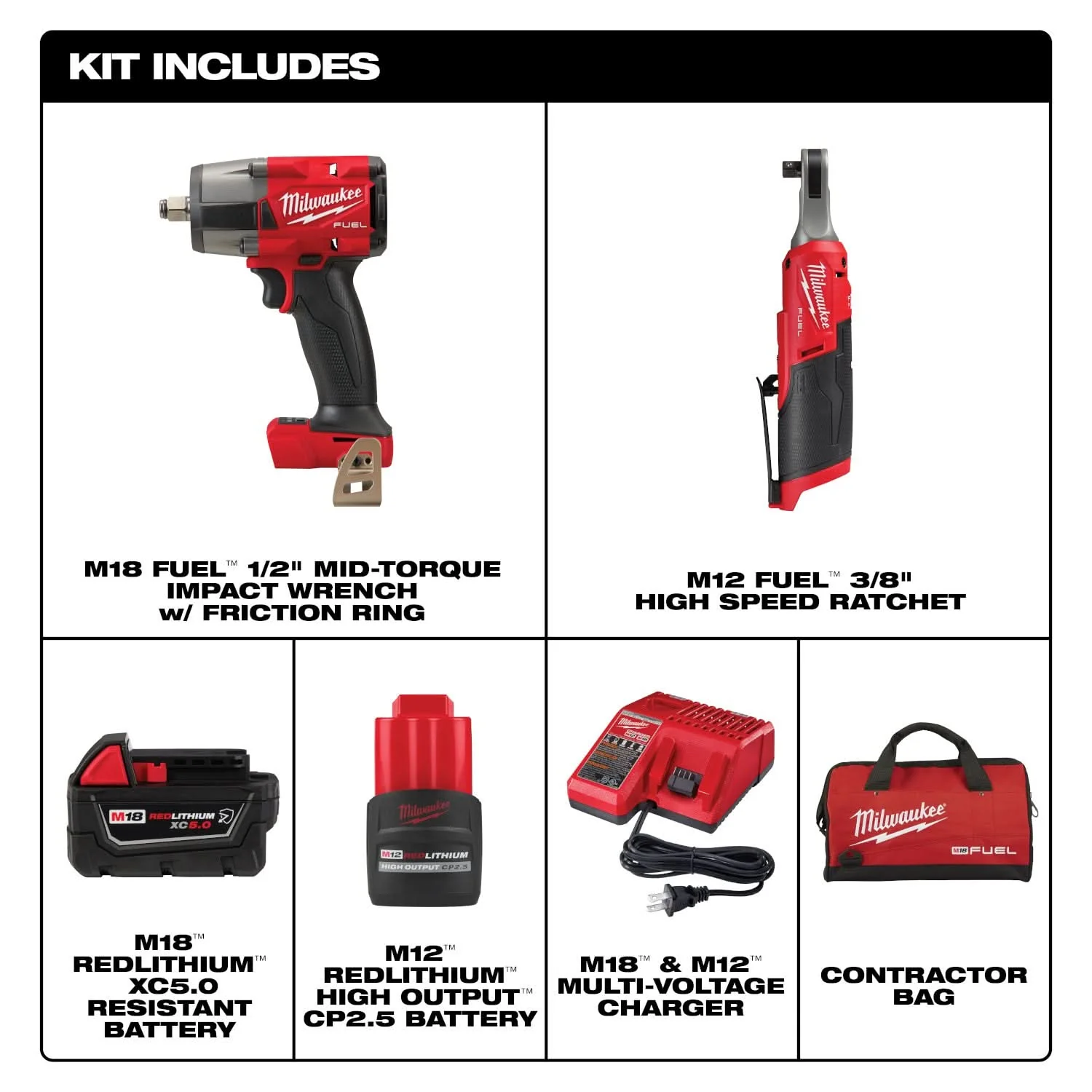 Milwaukee 3890-22 M18 FUEL Impact Wrench & M12 FUEL Ratchet  2-Tool Combo Kit - Image 2