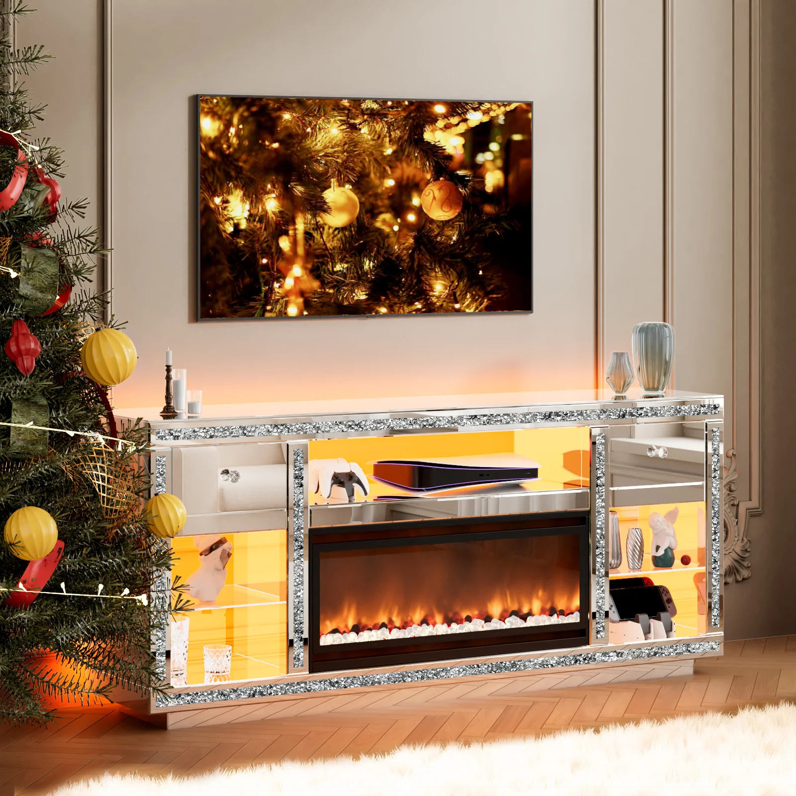 Advwin Mirrored TV Stand with Simulated Fireplace - Image 1