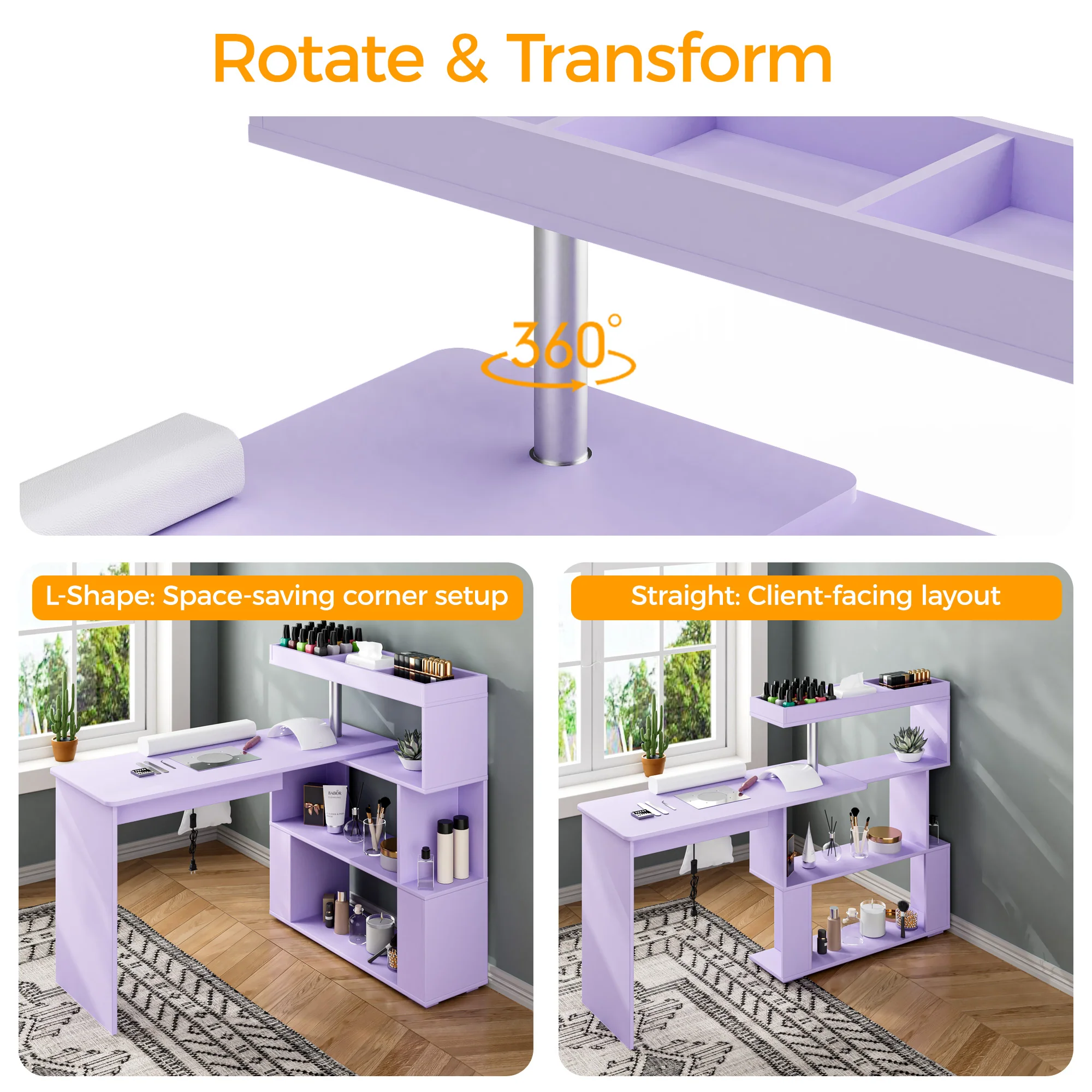 Advwin L-Shaped Rotating Nail Desk with Dust Collector Purple - Image 3