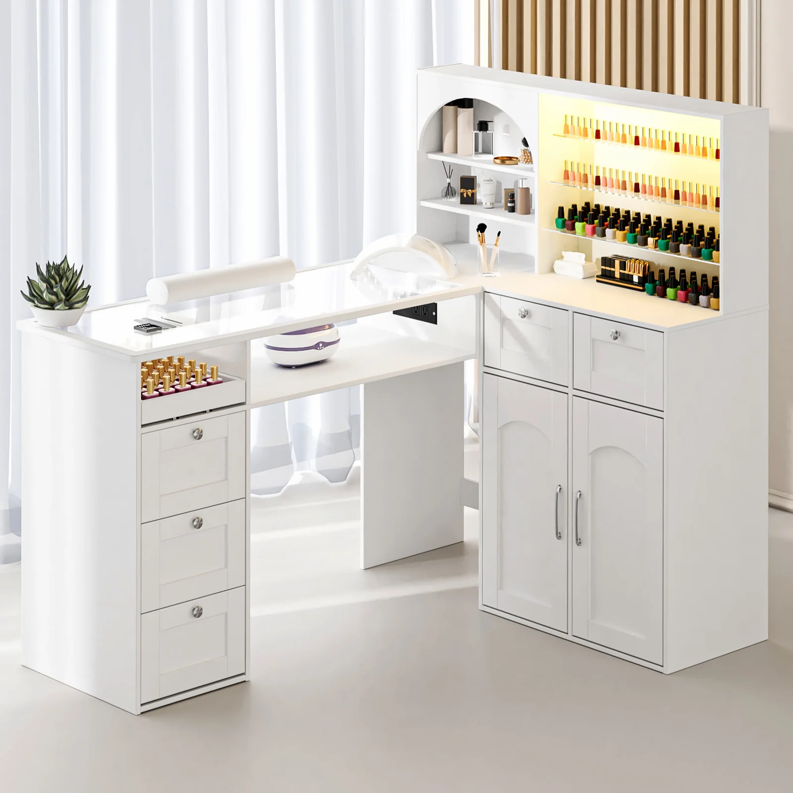 Advwin Nail Table w/LED Display Shelf Glass Table Top