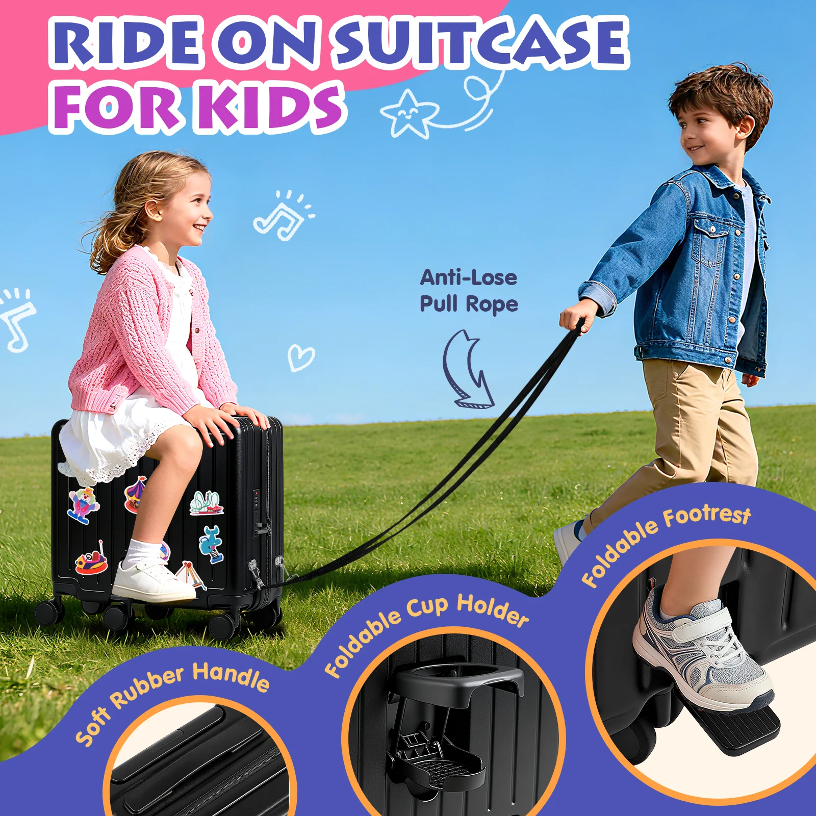 Advwin 20" Kids Ride-On Suitcase with 6 Wheels - Image 3