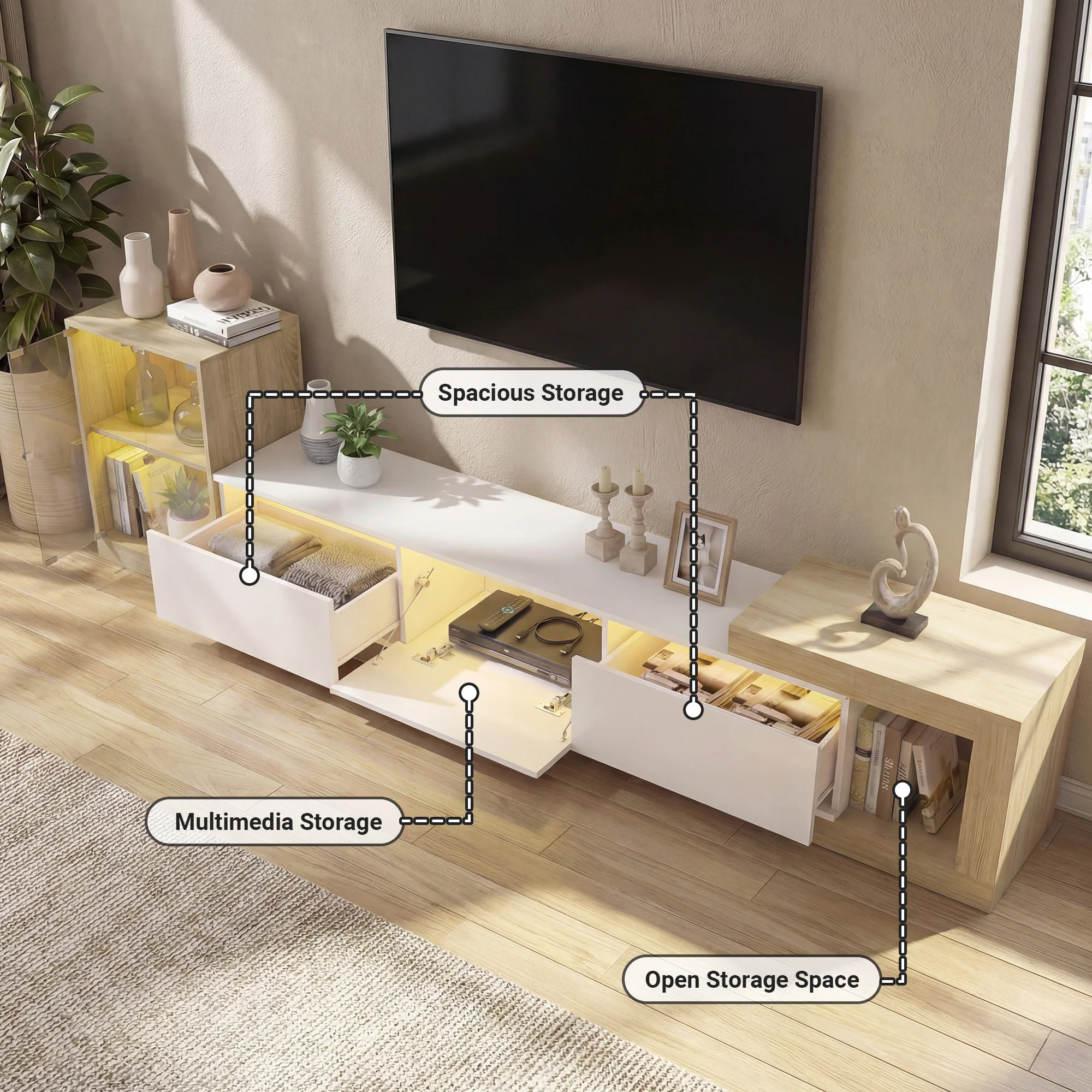 Advwin Extendable TV Stand with Glass Cabinet - Image 3